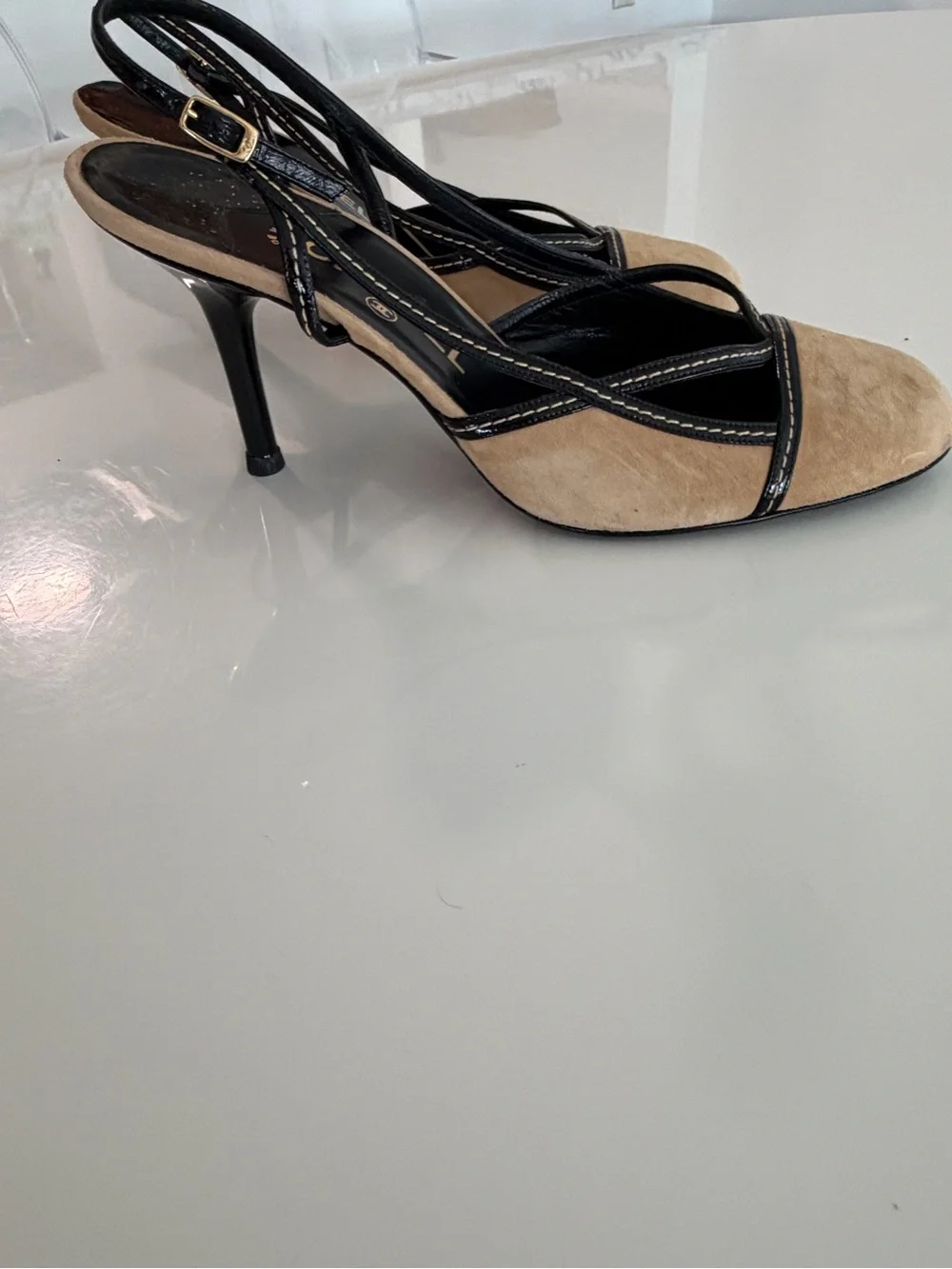 CHANEL Beige Suede and Black Patent Slingback Heels